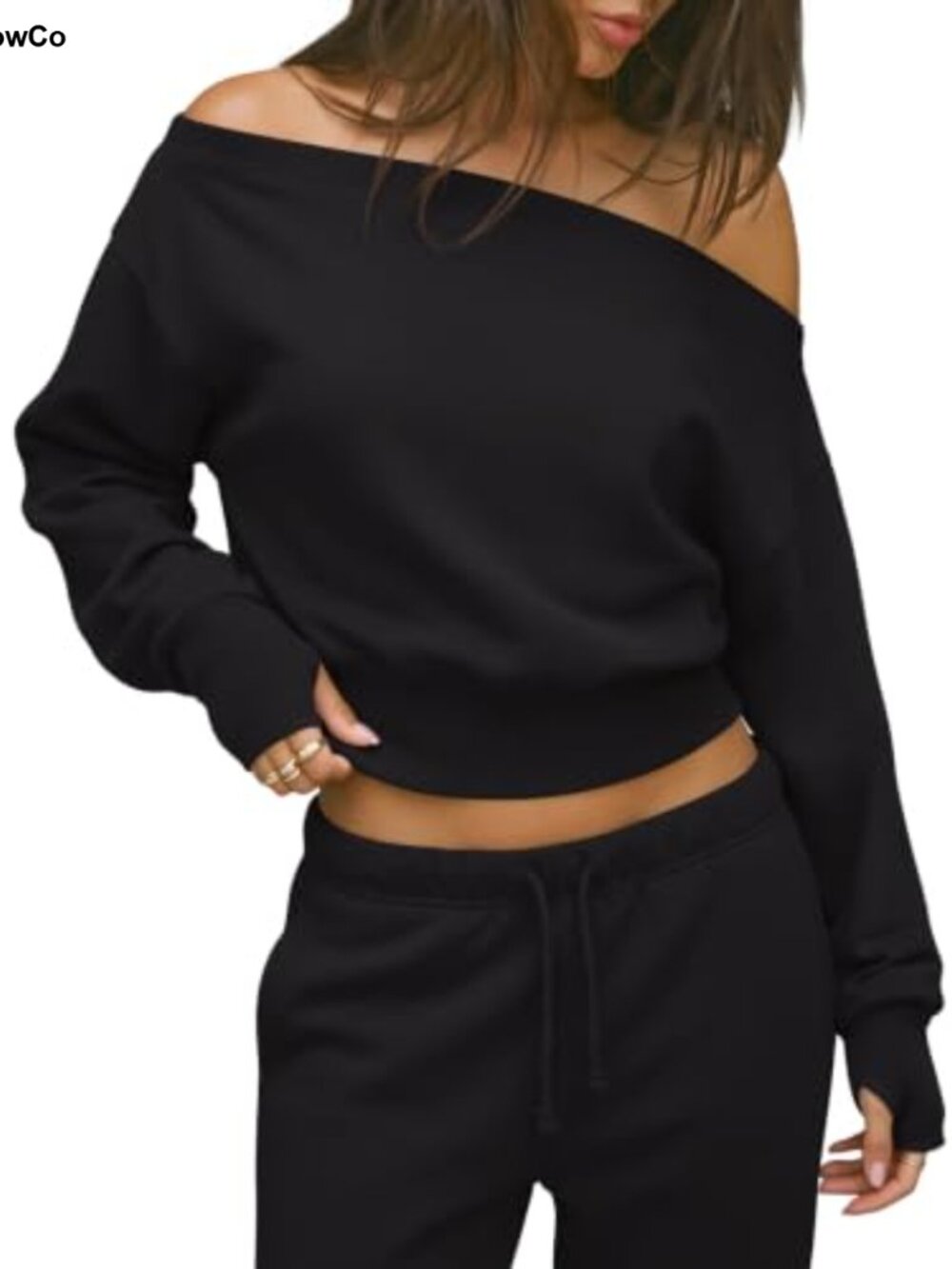 Women's Off Shoulder Cropped Sweatshirt Thumb Hole Cotton Top